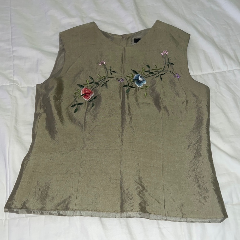 Silkland - Olive green Top with floral embroidery pure silk lining size 6
